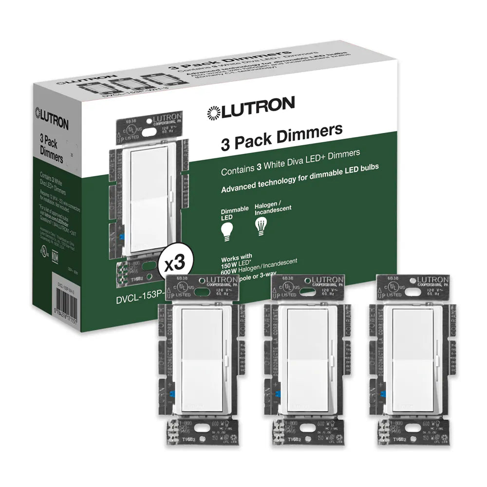 Lutron Diva LED+ Dimmer Switch for Dimmable LED, Halogen and Incandescent Bulbs, 150W/Single-Pole or 3-Way, DVCL-153P-WH-3, White (3-Pack)