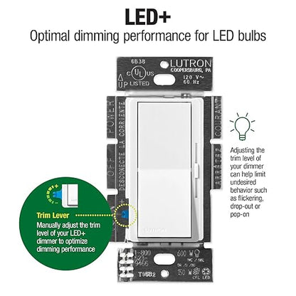 Lutron Diva LED+ Dimmer Switch for Dimmable LED, Halogen and Incandescent Bulbs, 150W/Single-Pole or 3-Way, DVCL-153P-WH-3, White (3-Pack)