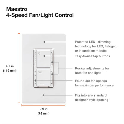 Lutron Maestro Fan Control and Light Dimmer for Dimmable LEDs - MACL-LFQH-WH