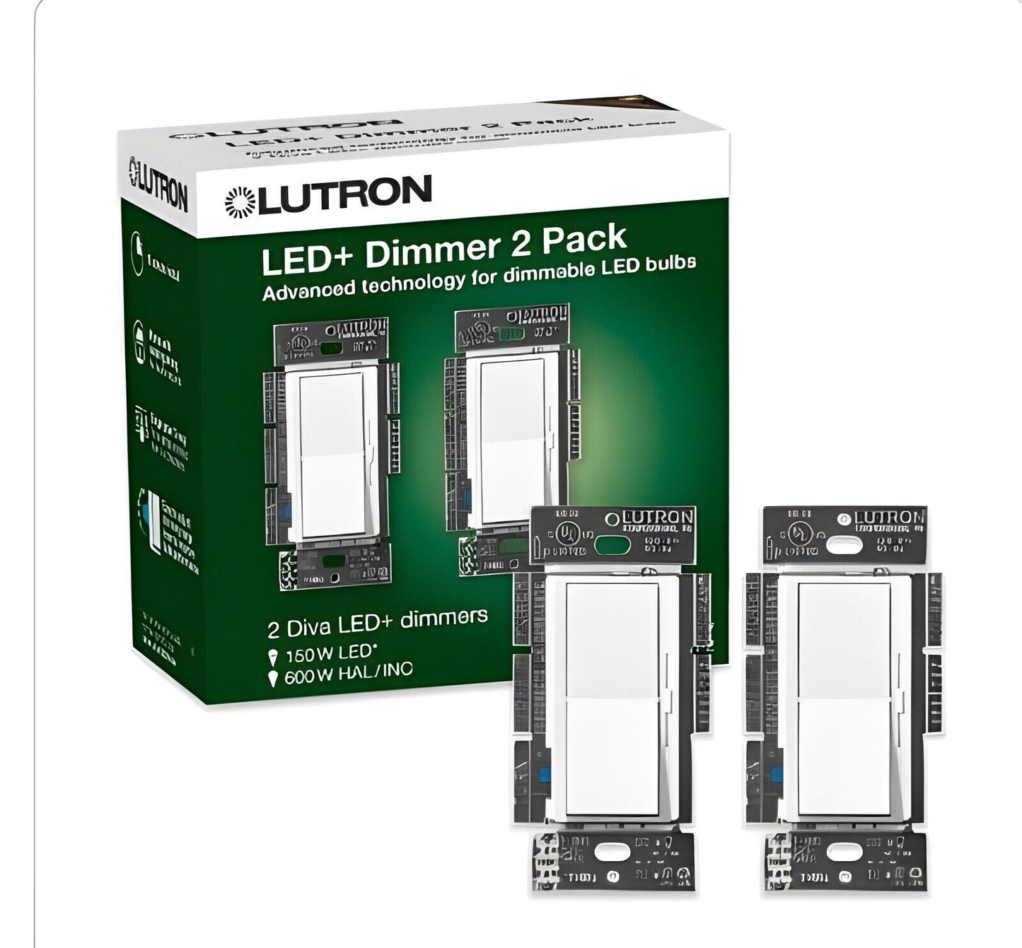 Lutron Diva LED+ Dimmer Switch for Dimmable LED, Halogen and Incandescent Bulbs, Single-Pole or 3-Way, DVCL-153P-WH-2, White (2-Pack)